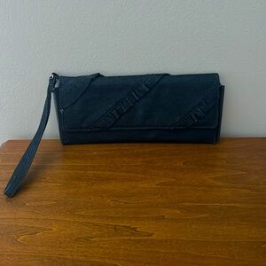 Denim clutch purse with wrist strap